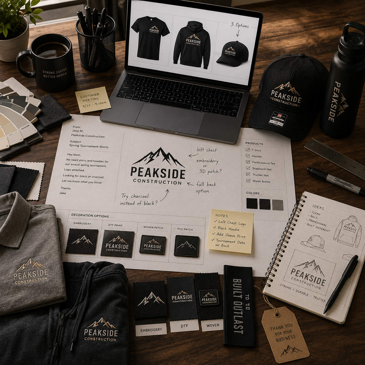 Organized merchandise workflow showing products, artwork, and order details kept together.