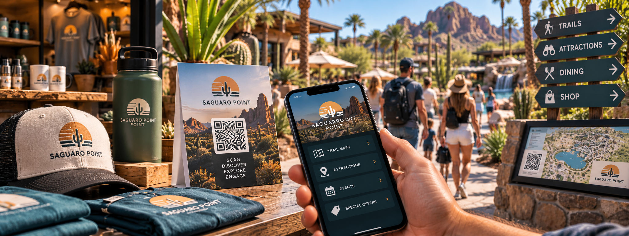 Visitors exploring a destination with signage, attractions, and opportunities for interactive digital engagement.
