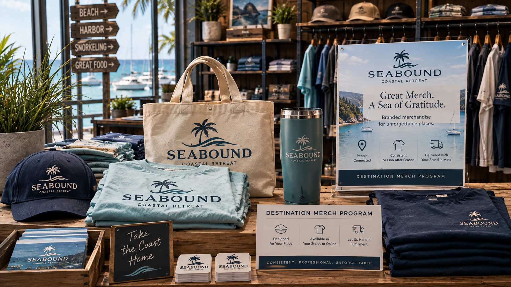 Branded merchandise arranged with consistent packaging and product presentation.
