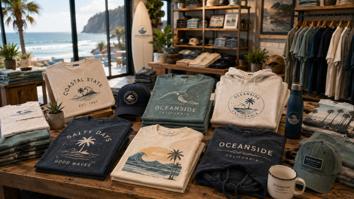 Destination retail merchandise displayed in a resort-style gift shop environment.