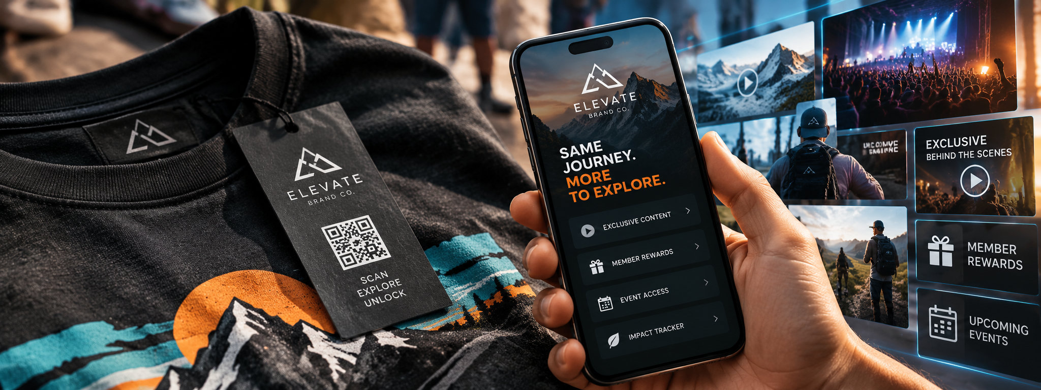 Physical merchandise, signage, and promotional materials connecting audiences to interactive digital experiences.