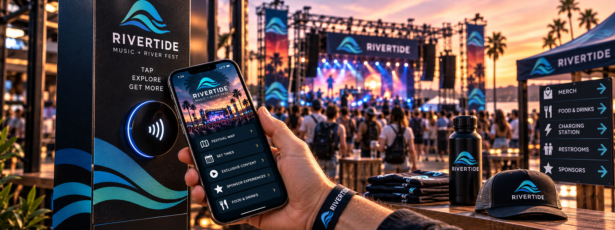 Attendees at a live event with branded signage, merchandise, and opportunities for interactive digital engagement.