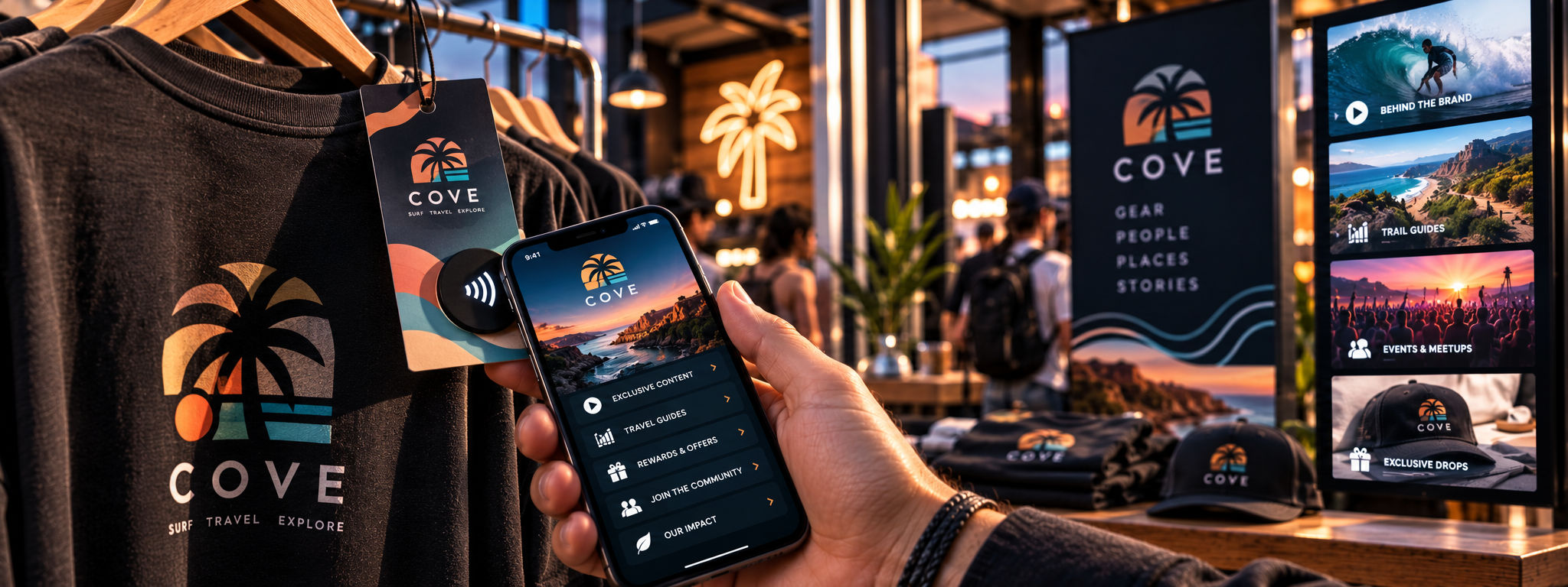 Branded merchandise and promotional products arranged with packaging and connected digital engagement touchpoints.
