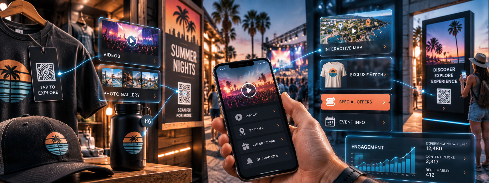 Physical products, signage, and promotional materials connecting people to interactive mobile digital experiences.