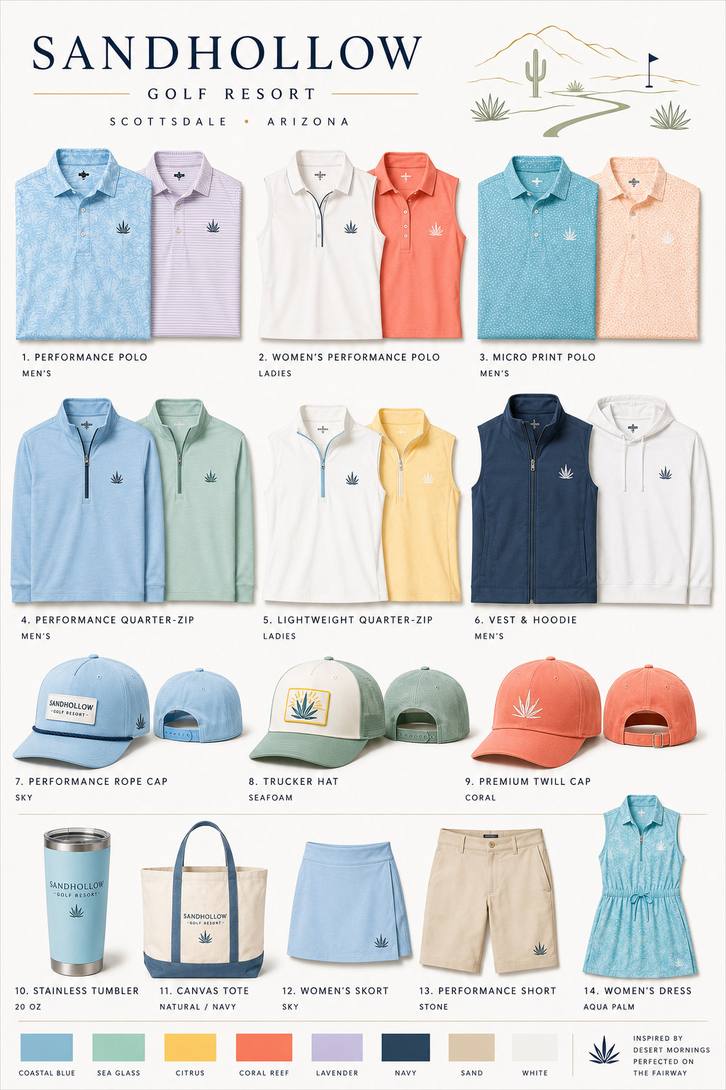 Treasure Coast Collection line sheet showing coordinated destination merchandise across apparel, headwear, drinkware, and accessories.
