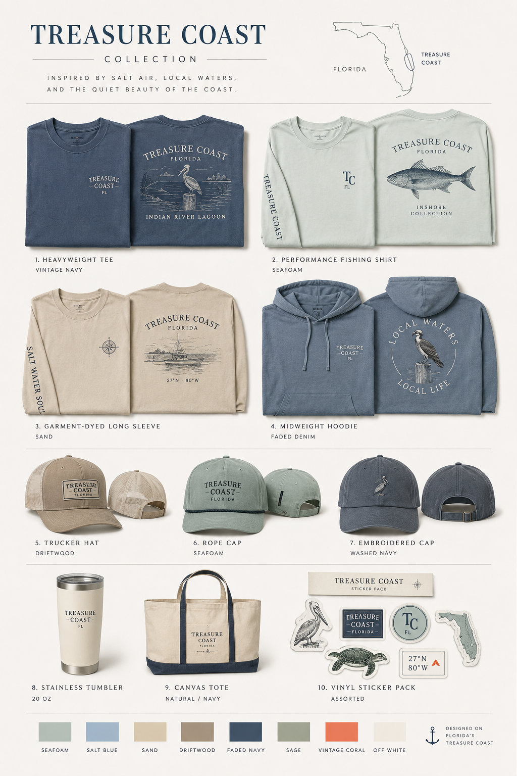 Treasure Coast Collection line sheet showing coordinated destination merchandise across apparel, headwear, drinkware, and accessories.