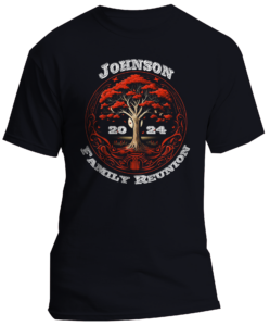 Custom family reunion t-shirt design featuring a stylized tree graphic with red foliage and bold typography for "Johnson Family Reunion 2024