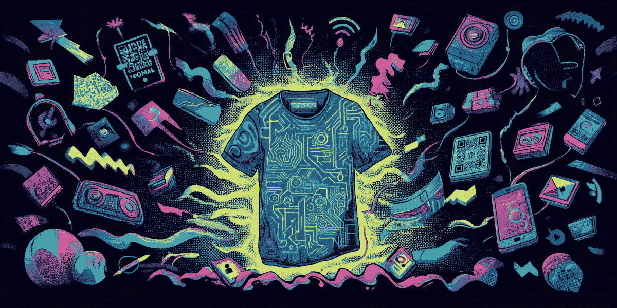 Illustration of interactive merch connecting people through smart technology